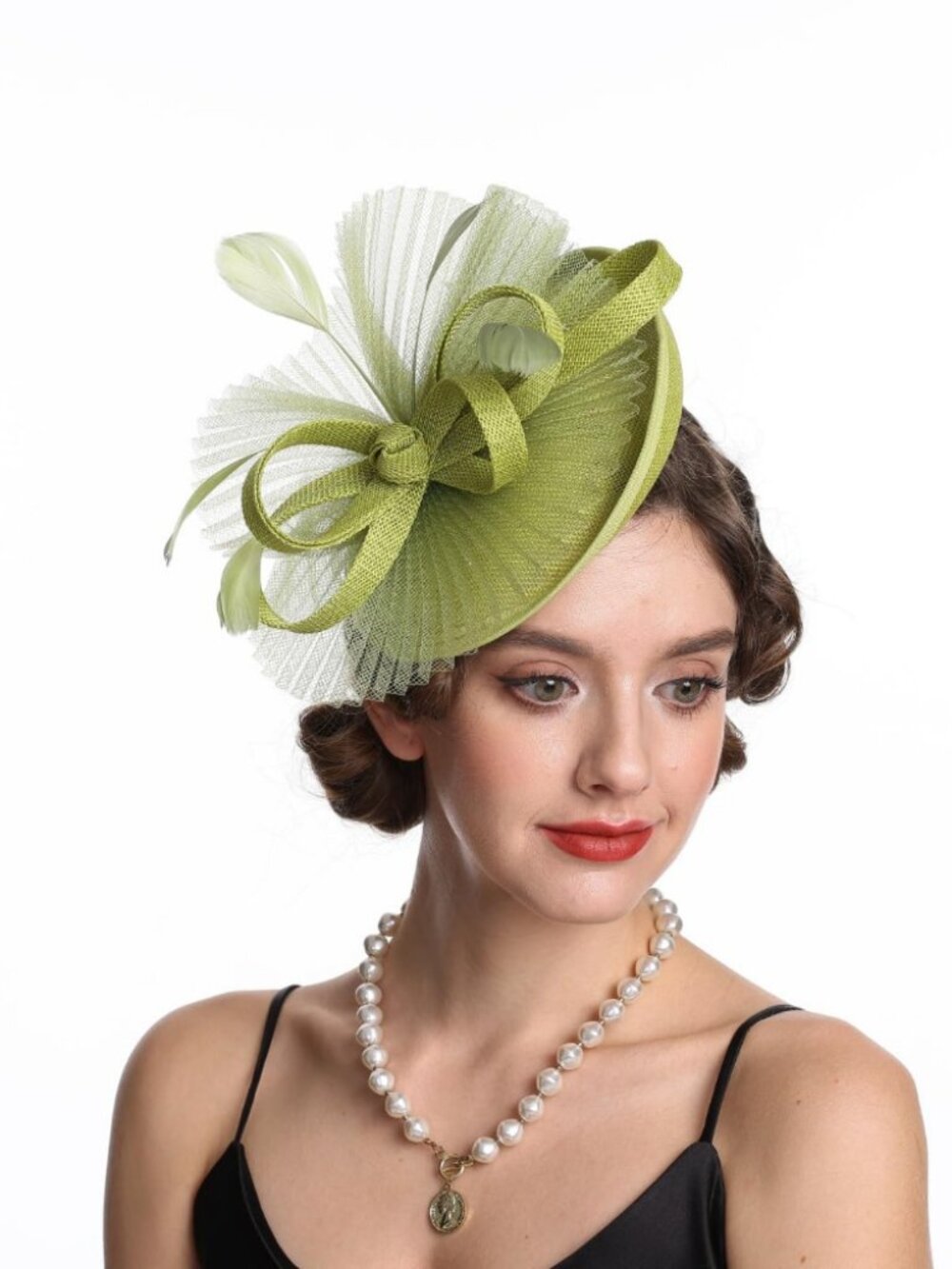 Women Fascinator Hair Clip Feather Flower Wedding Party Hat Avocado Light Green